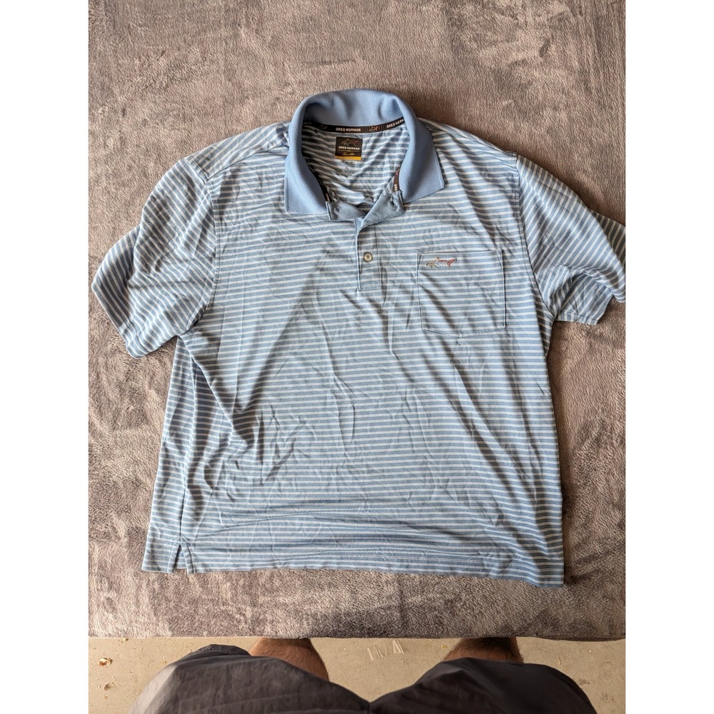 Greg Norman for Tasso Elba Mens XL Blue Striped PlayDry Golf Polo Shirt Pocket